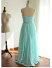 Blue Strapless Ruching Chiffon Beaded Long Prom Dress